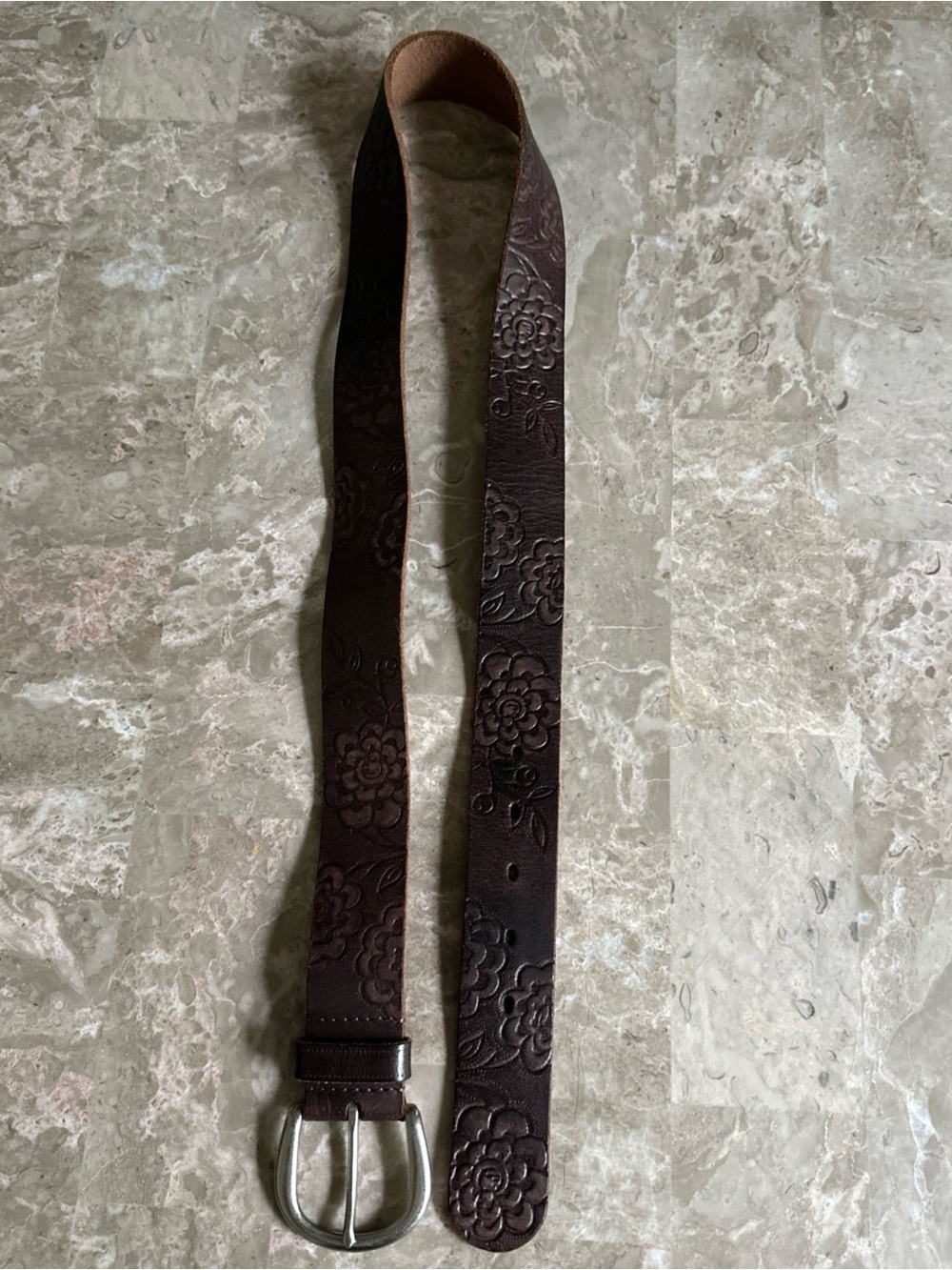 Fossil Belt Brown Genuine Leather Women's Size L Embossed Floral Made In India - Picture 3 of 12